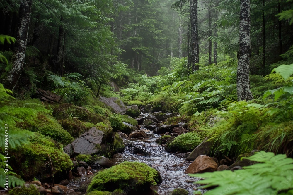 Lush forest with flowing stream in serene natural setting Lush forest with flowing stream in serene natural setting