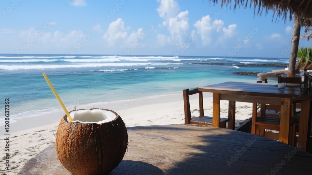 A fresh coconut drink with a straw sitting on a beach table, with the ocean waves in the background. A fresh coconut drink with a straw sitting on a beach table, with the ocean waves in the background.