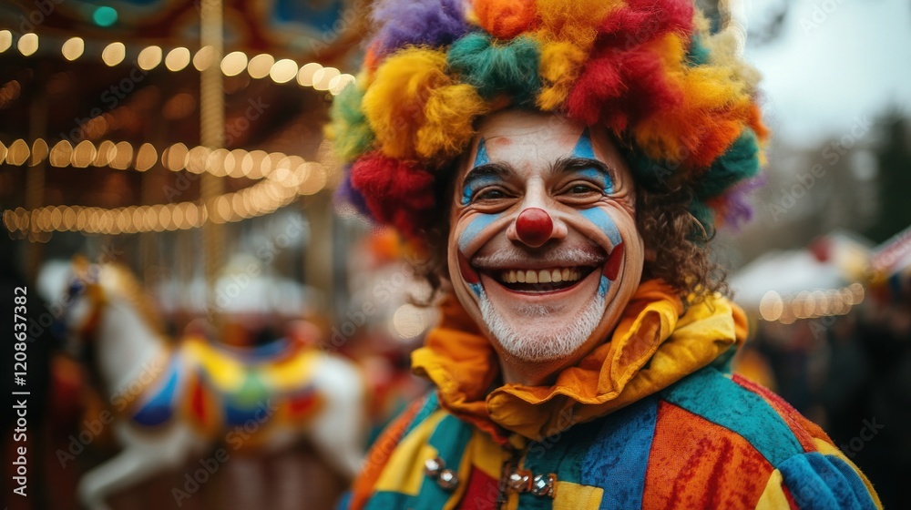 Happy clown smiling at fair, carousel background Happy clown smiling at fair, carousel background