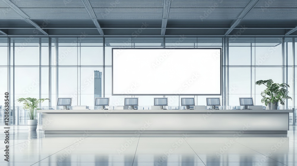 Obraz premium A pristine airport check-in counter with clean, modern design and blank monitors, offering plenty of copy space.