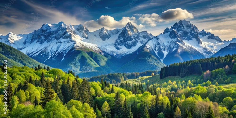 Obraz premium A majestic mountain range with snow-capped peaks and lush green forests in the background, mountainside, nature's splendor