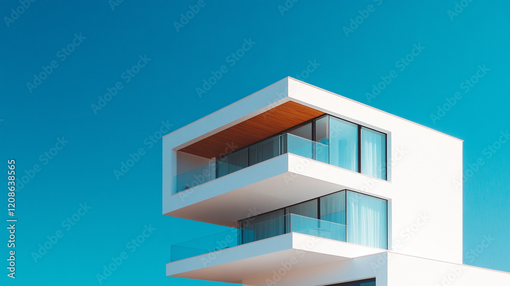 A single clean white building with geometric design against a bright blue sky symbolizing simplicity and modernity with minimalistic bright tone and a blurred, empty space for caption
A single clean white building with geometric design against a bright blue sky symbolizing simplicity and modernity with minimalistic bright tone and a blurred, empty space for caption