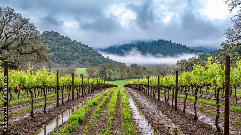 Obraz premium A rain-soaked vineyard with rows of grapevines, the sky filled with dark clouds and mist rising from the wet ground.