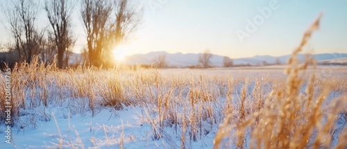 Wallpaper Mural Snowy field sunrise, winter landscape, mountains background, nature scene Torontodigital.ca