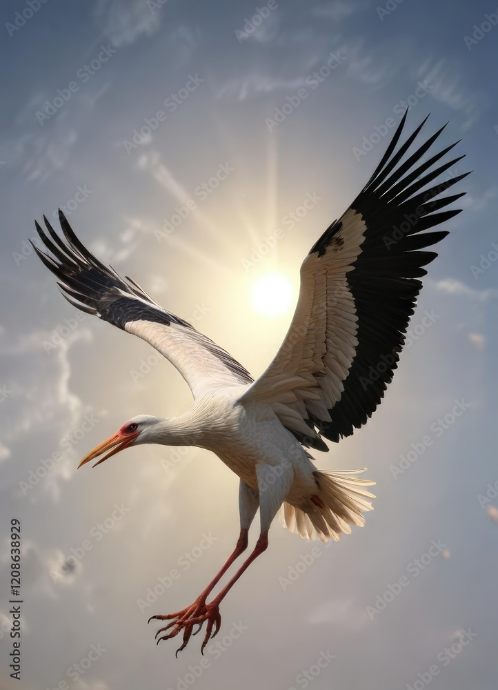 Fototapeta premium A majestic white stork soars through the sky with the sun shining down on its feathers as it surveys its kingdom, sunlight, feathers, avian life
