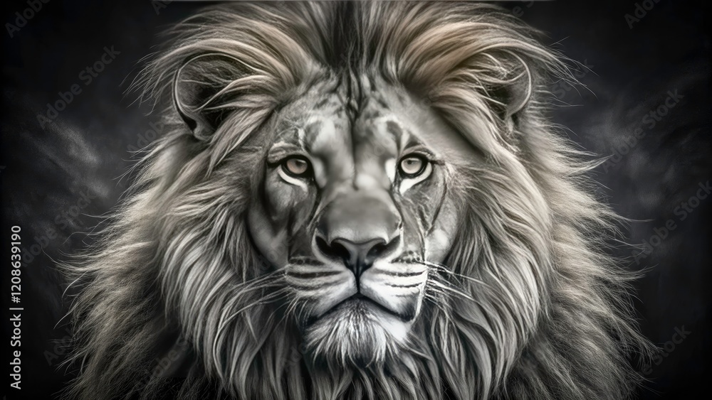 Black and white wildlife art: a lion's magnificent mane dominates, precisely composed using the rule of thirds for impact. Black and white wildlife art: a lion's magnificent mane dominates, precisely composed using the rule of thirds for impact.