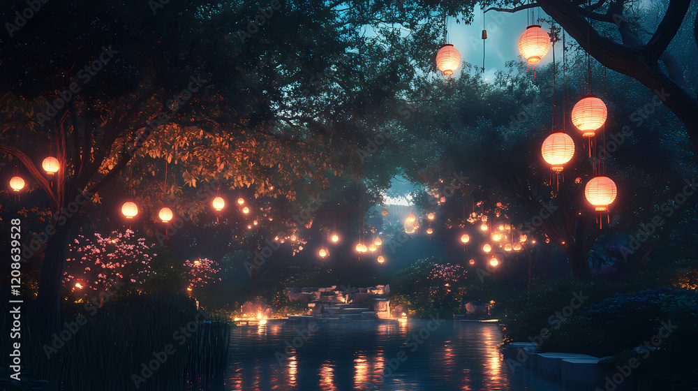 Fototapeta premium A tranquil garden illuminated by softly glowing chinese lanterns hanging from trees at night. Lunar Garden. Illustration