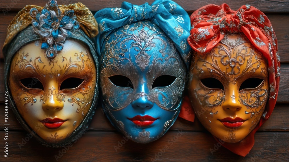 Venetian carnival masks, wooden background, display, festival