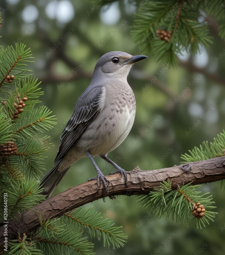 A northern mockingbird perched on a curved branch of a loblolly pine tree, birdsong, trees in background A northern mockingbird perched on a curved branch of a loblolly pine tree, birdsong, trees in background