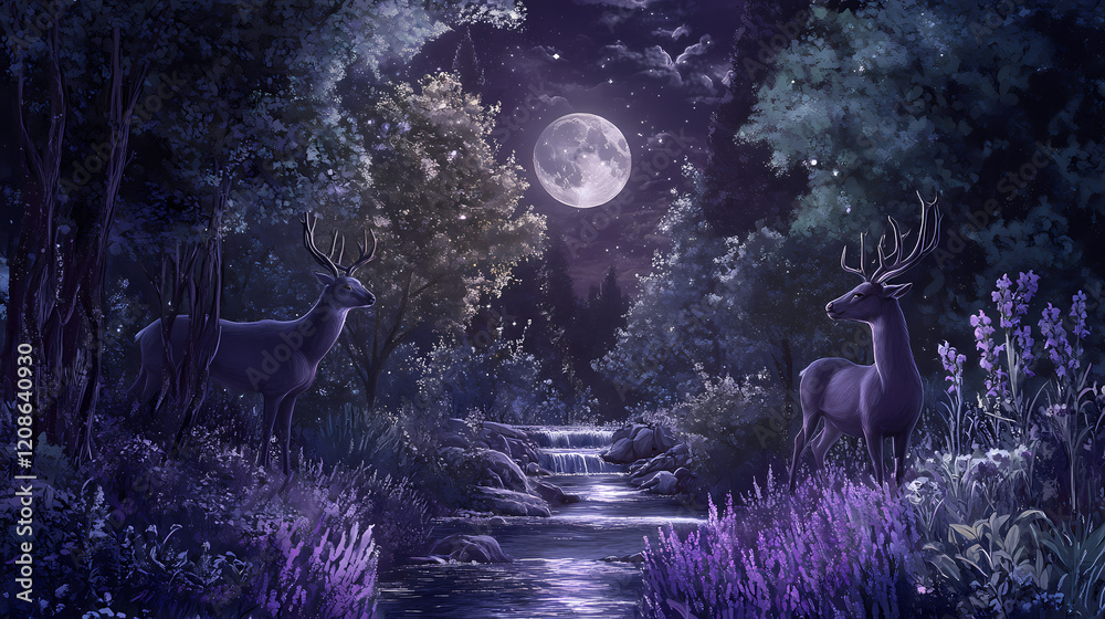 Fototapeta premium Enchanting moonlit garden with shimmering flowers and a gentle stream, guarded by elegant deer on either side, twilight sky, dark green, lavender, and silver tones. Lunar Garden. Illustration