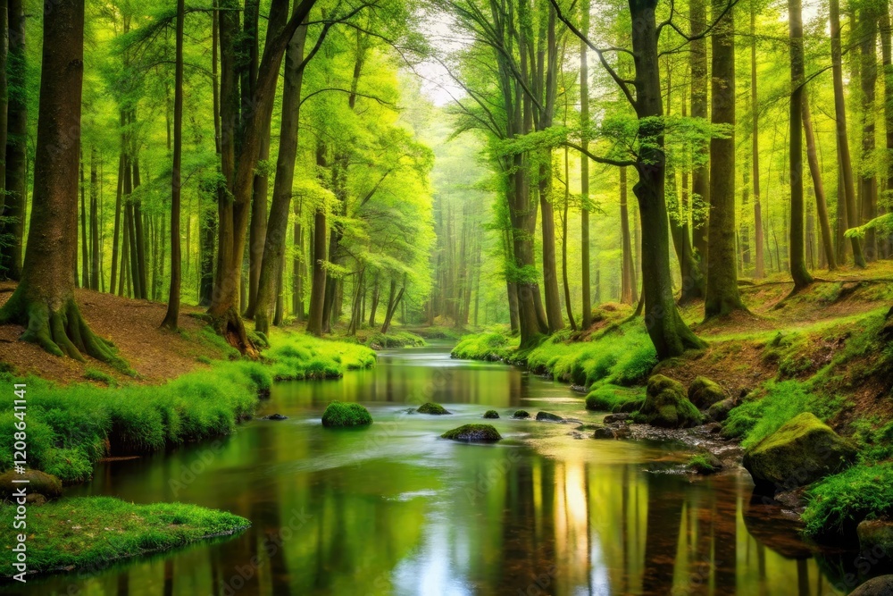 A peaceful forest with tall trees, lush greenery, and a winding stream running through it, plant life, outdoor adventures A peaceful forest with tall trees, lush greenery, and a winding stream running through it, plant life, outdoor adventures