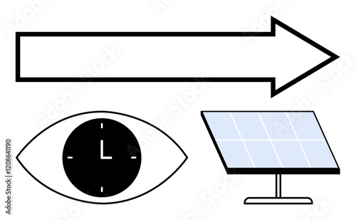 Eye with clock symbolizing time, solar panel for renewable energy, large arrow signifying forward motion. Ideal for sustainability, energy efficiency, vision, innovation, progress, planning abstract