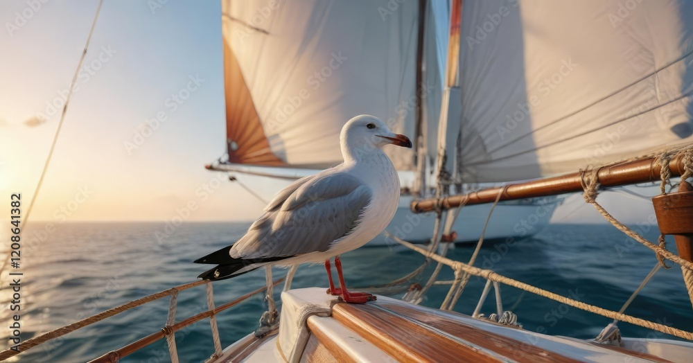 Fototapeta premium A perched seagull on the sail of a sailing boat with the sea in the background, ocean, coastline, Mediterranean sea