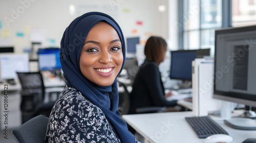 African business woman in blue hijab work at office with computers in desk