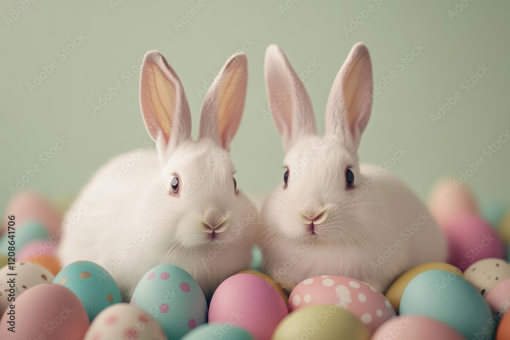 Cute white rabbits surrounded by colorful Easter eggs during spring celebration Cute white rabbits surrounded by colorful Easter eggs during spring celebration