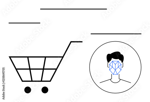 Shopping cart paired with human facial recognition grid emphasizes secure payment, personalization, and AI integration. Ideal for retail, security, technology, e-commerce, digital identity, AI