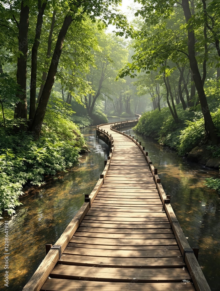 Fototapeta premium A picturesque wooden pathway crossing a gentle flowing stream in the forest, woods, stream