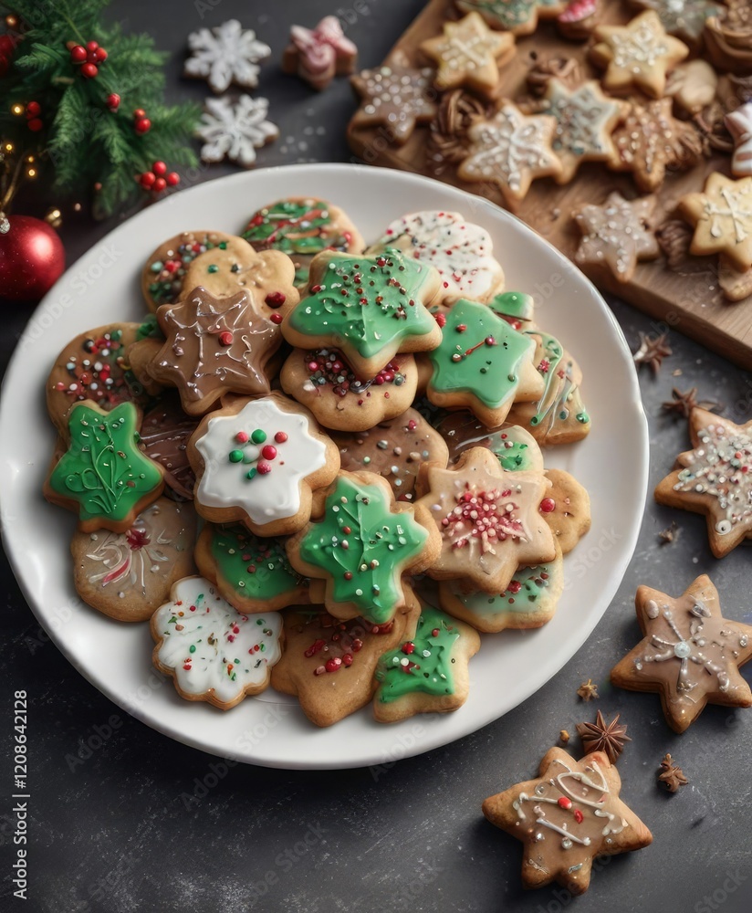 A plate of assorted Christmas cookies with sprinkles and icing, icing, sweet treats, holiday treats A plate of assorted Christmas cookies with sprinkles and icing, icing, sweet treats, holiday treats