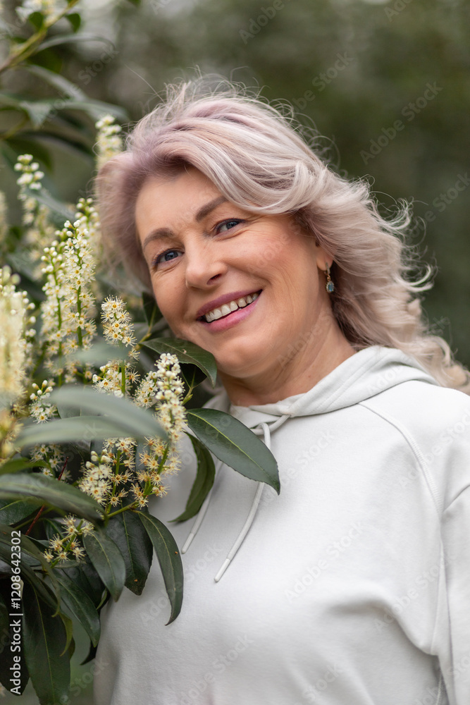 Smiling woman with light purple hair enjoying nature in a garden surrounded by flowering plants Smiling woman with light purple hair enjoying nature in a garden surrounded by flowering plants