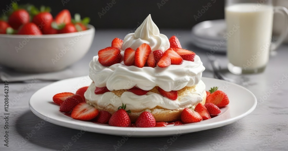 A plate of dessert with a layer of whipped cream and sliced strawberries on top, whipped cream, fruit topping, dessert delight A plate of dessert with a layer of whipped cream and sliced strawberries on top, whipped cream, fruit topping, dessert delight