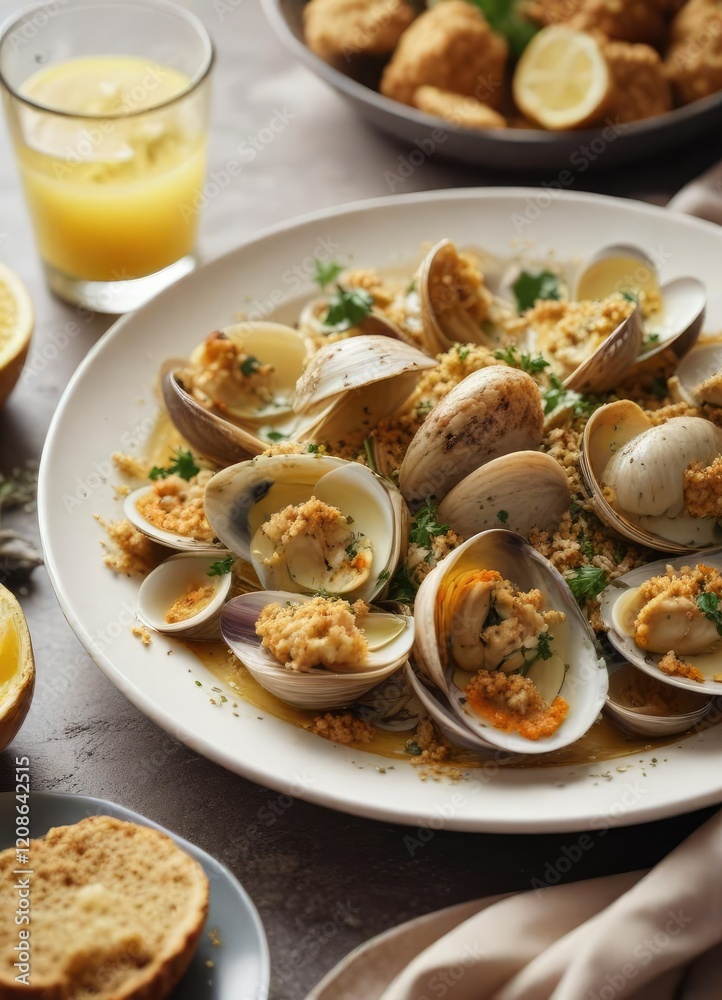 A plate of steamed clams served with a side of creamy oraganata sauce and topped with crispy breadcrumbs, appetizer, breadcrumbs A plate of steamed clams served with a side of creamy oraganata sauce and topped with crispy breadcrumbs, appetizer, breadcrumbs