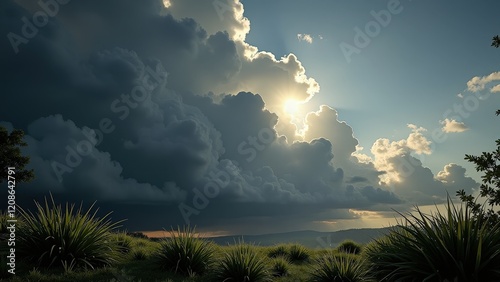 A vast cumulonimbus cloud blankets the sky, its dark gray mass contrasting with the deep blue backdrop. Sunlight peeks through, casting dramatic rays over this awe-inspiring scene photo