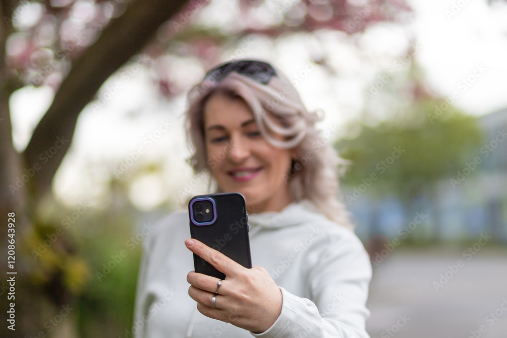 Woman smiling and taking a selfie outdoors in a blooming park during springtime Woman smiling and taking a selfie outdoors in a blooming park during springtime