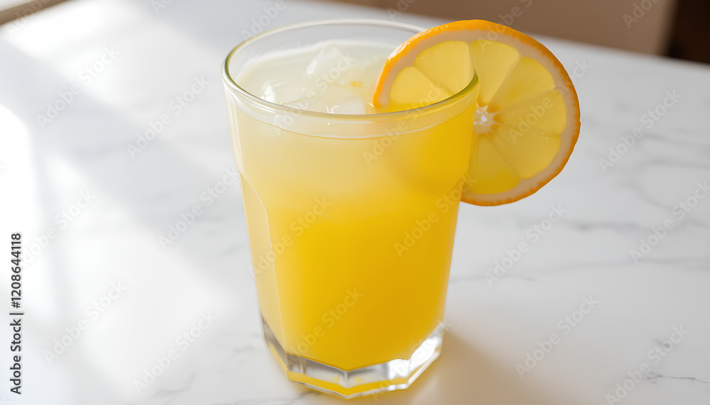 Refreshing Glass of Lemon Juice with Slice on Marble Table Refreshing Glass of Lemon Juice with Slice on Marble Table