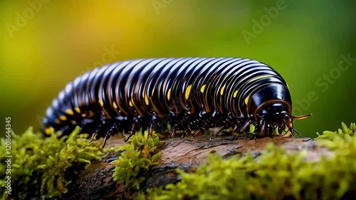 A detailed macro photograph of a black and yellow millipede with numerous legs crawling on a moss-covered branch.