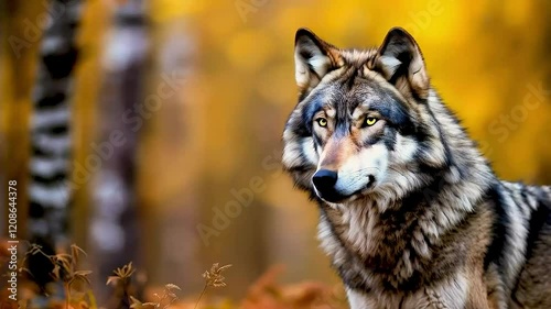 A majestic gray wolf stands in a beautiful autumn forest with golden foliage in the background.