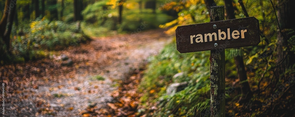 Woodland Pathway Adventure with Rustic Signpost Displaying the Word Rambler in an Enchanting Forest Trail Surrounded by Autumn Foliage Woodland Pathway Adventure with Rustic Signpost Displaying the Word Rambler in an Enchanting Forest Trail Surrounded by Autumn Foliage