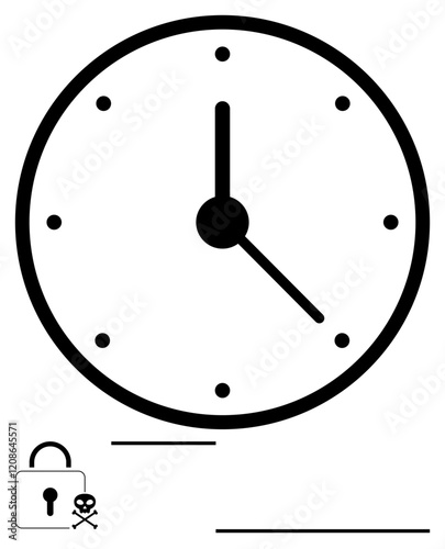 Analog clock face with bold hands and dots for hours. Lock with skull icon below, indicating time-sensitive security challenges. Ideal for time management, urgency, cybersecurity. Abstract line flat