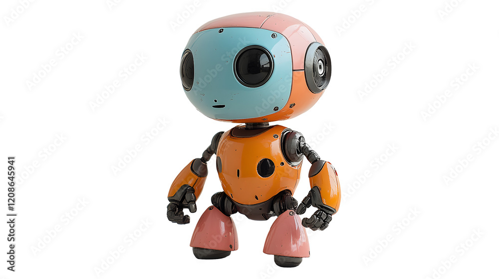 Fototapeta premium Charming Retro Robot: A cheerful, cartoon-style robot with a colorful, retro design and large, expressive eyes, standing ready for a close-up.