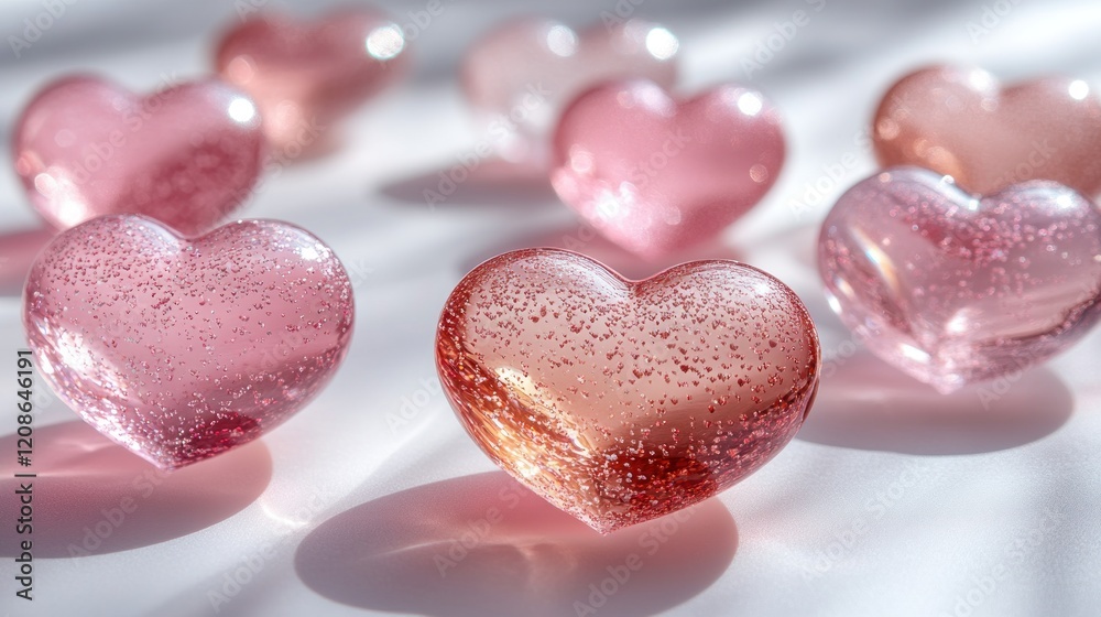 Obraz premium Pink glass hearts, sunlight, white background, Valentine's