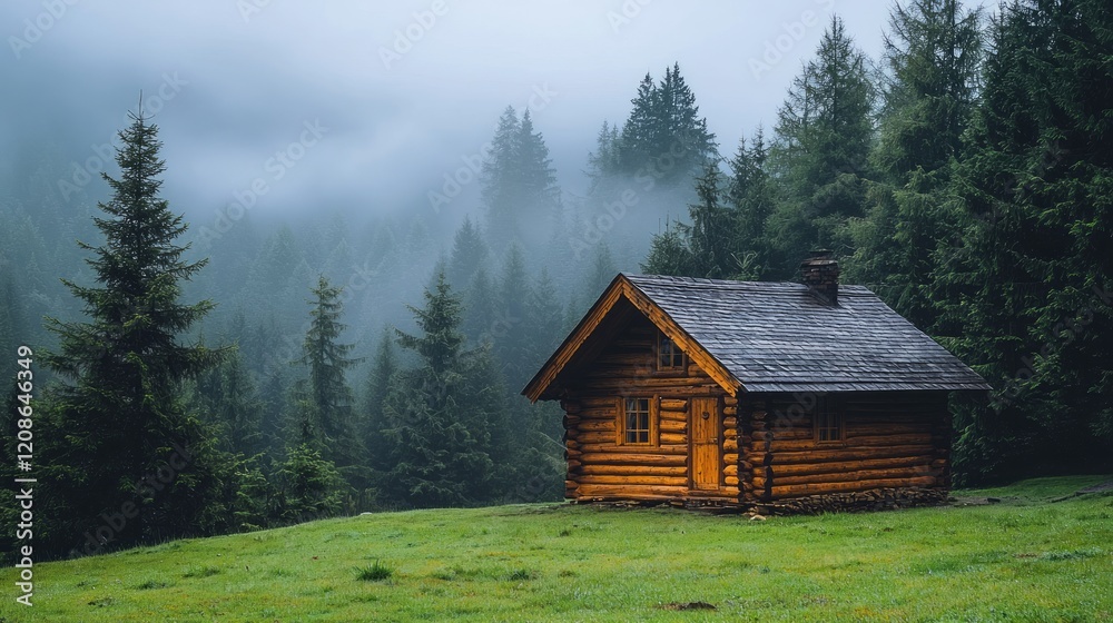 Misty mountain cabin, serene forest backdrop, idyllic escape, travel brochure Misty mountain cabin, serene forest backdrop, idyllic escape, travel brochure
