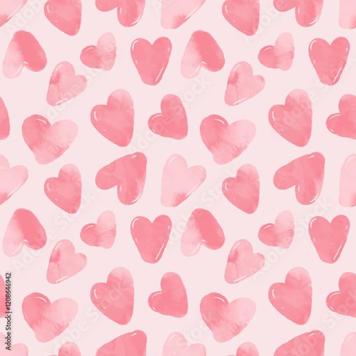 Pink watercolor hearts seamless repeating vector template. Artistic watercolor spots textured doodle heart shape. Hand brush drawn cute doodle, endless chaotic background, template