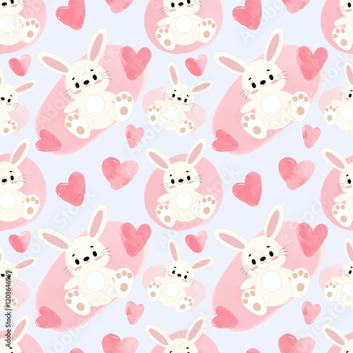 Watercolor hearts with bunnies. Pink bunny, seamless template with watercolor spots and hearts for lovers, mom, girlfriend and kids room.