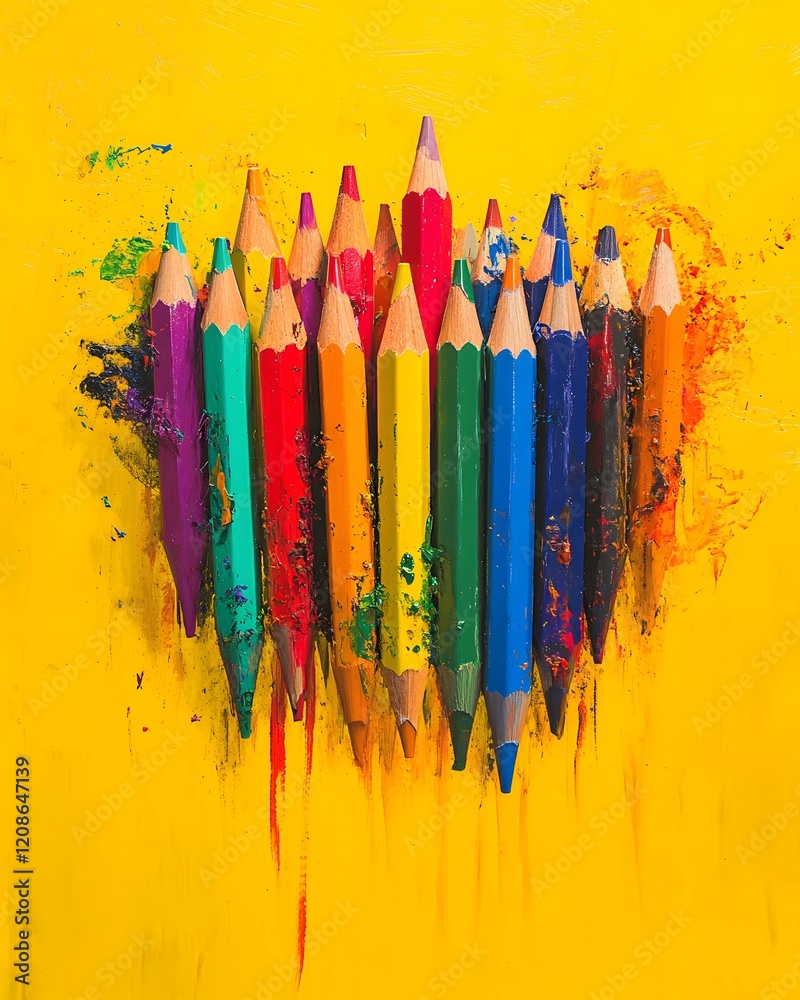 Fototapeta premium Used Colored Pencils on Yellow Background