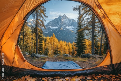Orange tent interior overlooking breathtaking natural beauty outdoors