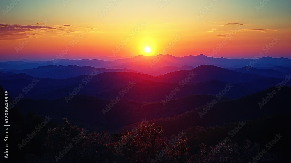 Fototapeta premium Serene Mountain Sunset Over Rolling Hills A Tranquil Landscape View