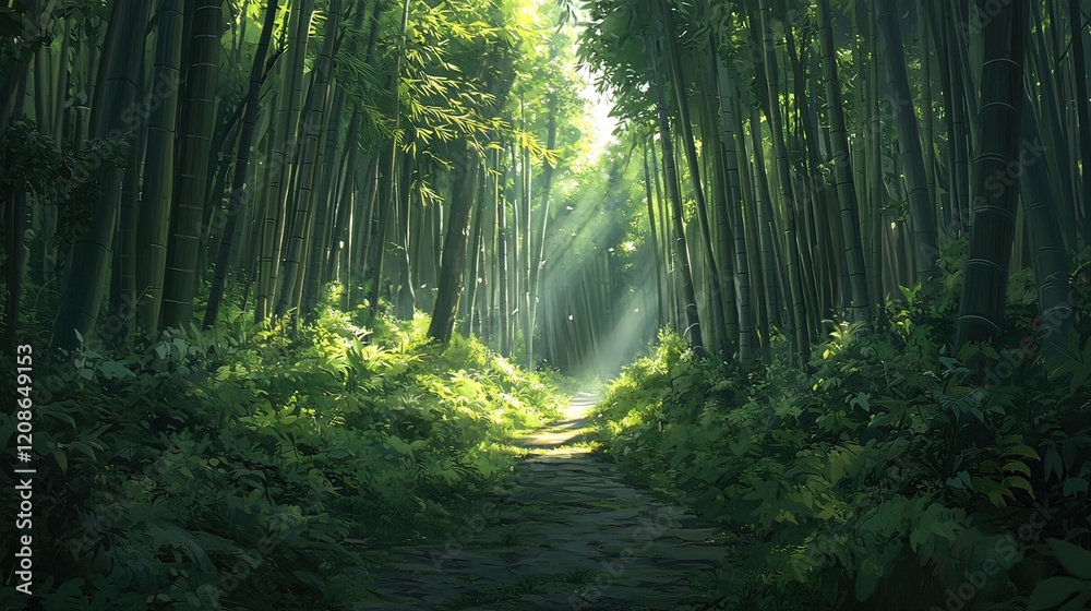 Fototapeta premium Sunlit path through dense bamboo forest, lush green foliage, stone path.