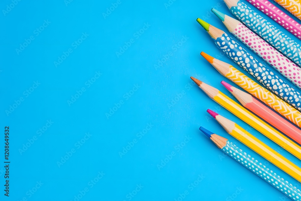 Colored Pencils on Blue Background Colored Pencils on Blue Background