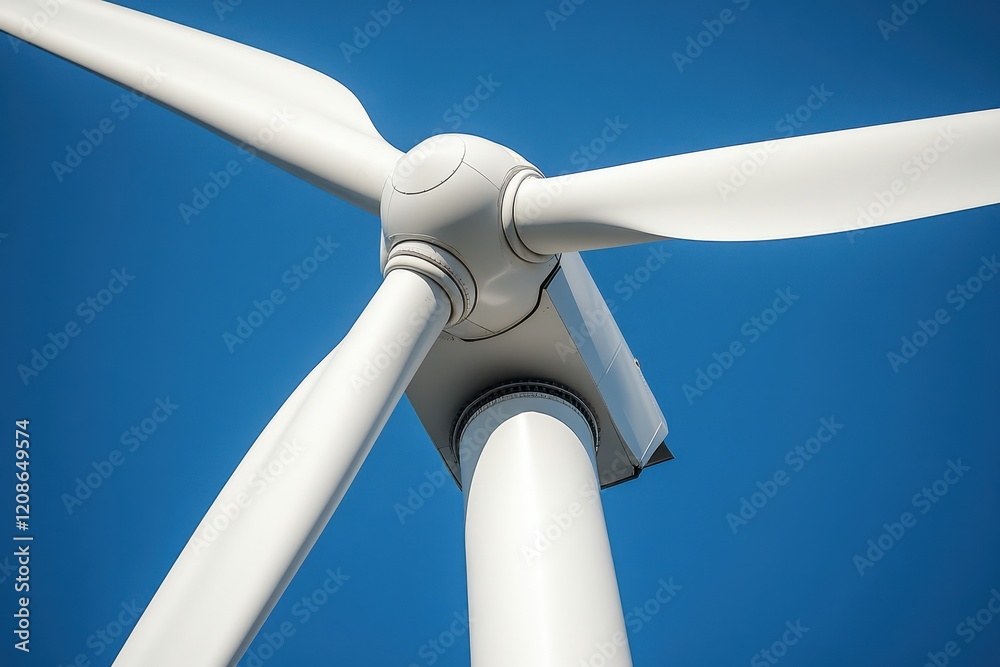 Close-Up View of Modern White Wind Turbine Against a Clear Blue Sky Highlighting Renewable Energy Technology and Sustainable Power Generation Close-Up View of Modern White Wind Turbine Against a Clear Blue Sky Highlighting Renewable Energy Technology and Sustainable Power Generation