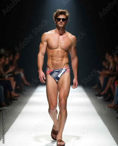 Muscular Male Model in Geometric Print Swim Brief Walking Down Runway of Swimwear Fashion Show