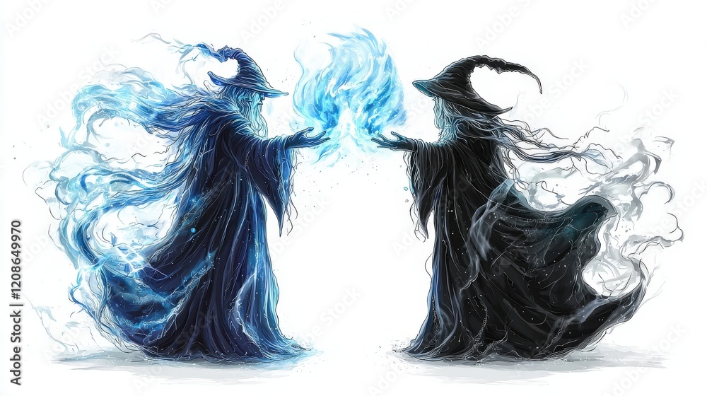 Fototapeta premium Duality of Light and Dark Magic in Fantasy Art with Mysterious Wizards Casting Spellbinding Energy