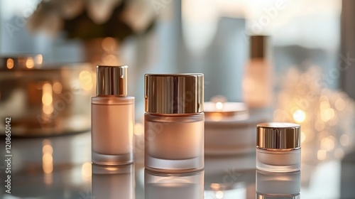 Skincare products collection, close-up of luxury skincare bottles arranged neatly, soft ambient lighting