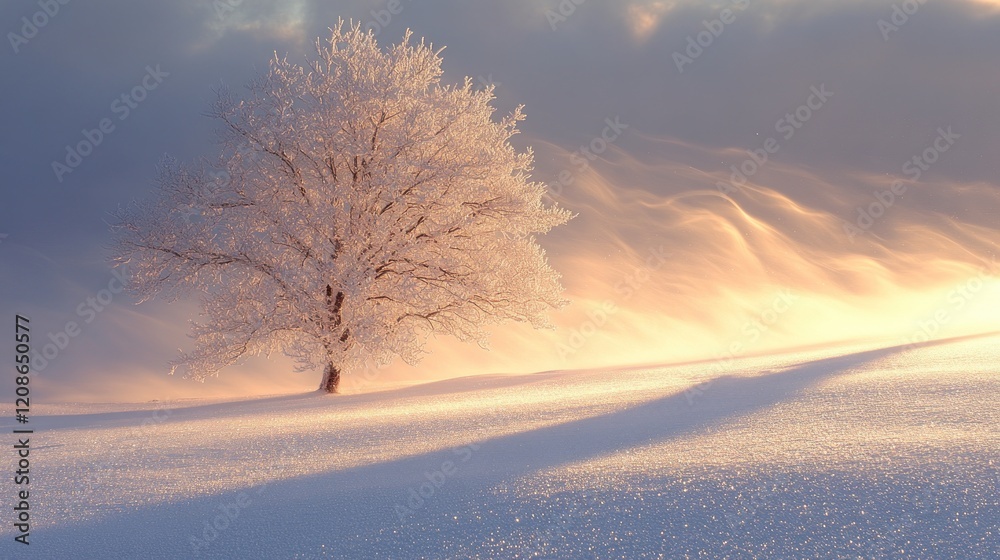 Snowy landscape, frost-covered tree, golden sunrise. Snowy landscape, frost-covered tree, golden sunrise.
