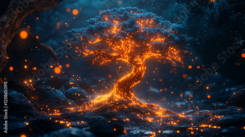 A surreal artistic representation of a brain shaped like a tree glowing with light symbolizing growth and creativity against a blurred forest background with minimalistic bright tones

 photo