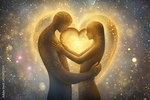 Ethereal beings of light embracing, their energies forming a heart surrounded by cosmic light
