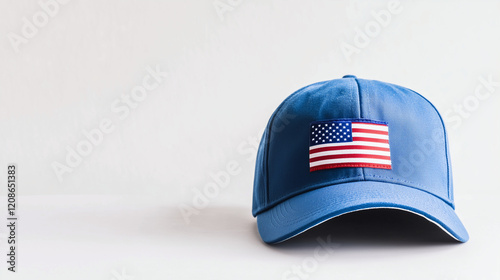 A stark, white background with one blue baseball cap, its front featuring a small American flag.